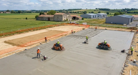 Site de finition du grenier dans la phase d'&eacute;pandage et de pl&acirc;trage de la paroi s&egrave;che avant la criblure