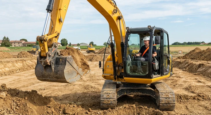 Chantier de construction extérieur avec pelleteuse jaune en action, opérateur dans la cabine, excavation de terre et matériaux