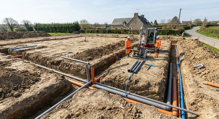 Chantier de travaux publics en extérieur avec tranchée ouverte et canalisations grises installées dans coffrages béton préfabriqués