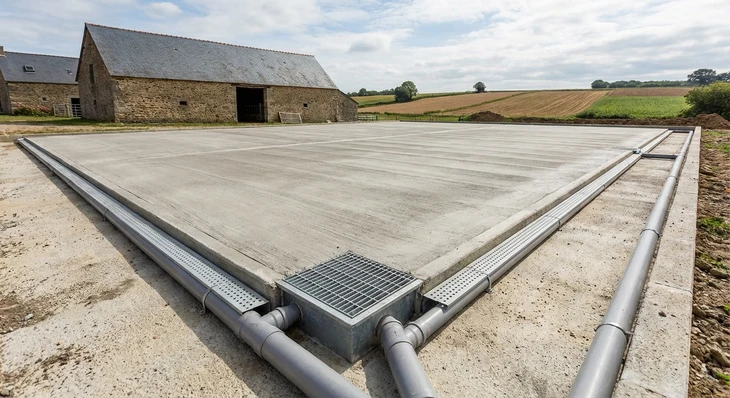 Vue rapprochée d'une dalle béton professionnelle dans une cour de ferme, avec des traces de pneus de tracteur visibles, montrant la robustesse et l'usure supportée. En arrière-plan flou, des bâtiments agricoles et des équipements de ferme. L'image doit illustrer la solidité et la durabilité des sols béton face aux passages répétés d'engins agricoles lourds.