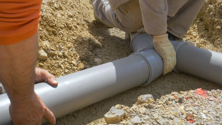 Photographie d'un terrain en cours de viabilisation pour projet immobilier : vue aérienne ou perspective montrant un terrain avec les tranchées ouvertes et les différents raccordements visibles - canalisations d'eau, câbles électriques, conduits de gaz, et système d'assainissement - dans un environnement résidentiel ou semi-urbain. Les réseaux doivent être clairement identifiables pour illustrer les multiples connexions indispensables mentionnées (eau potable, électricité, assainissement, gaz).