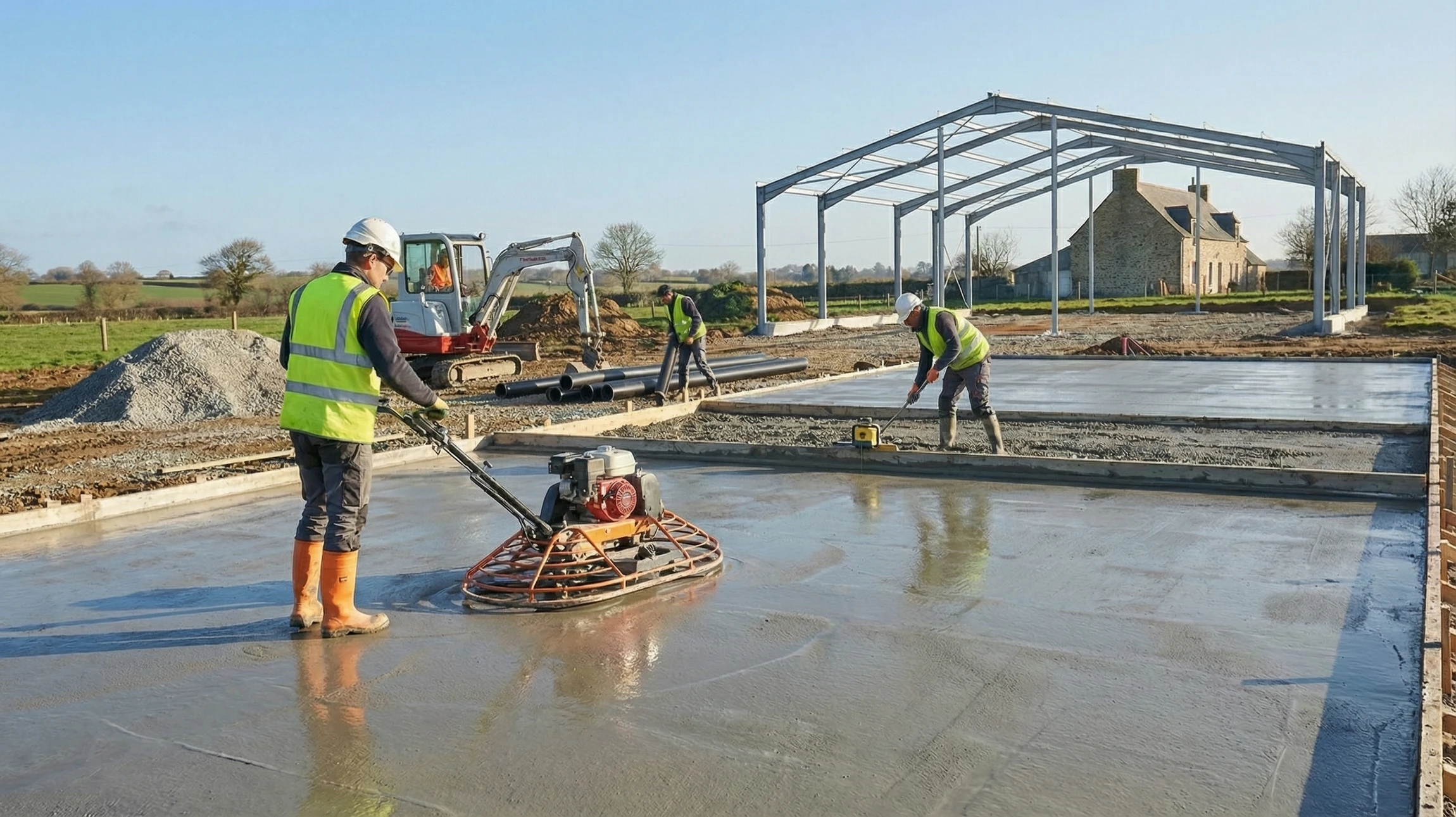 Ouvrier en tenue de sécurité réalisant le polissage d'un sol en béton dans un bâtiment en construction