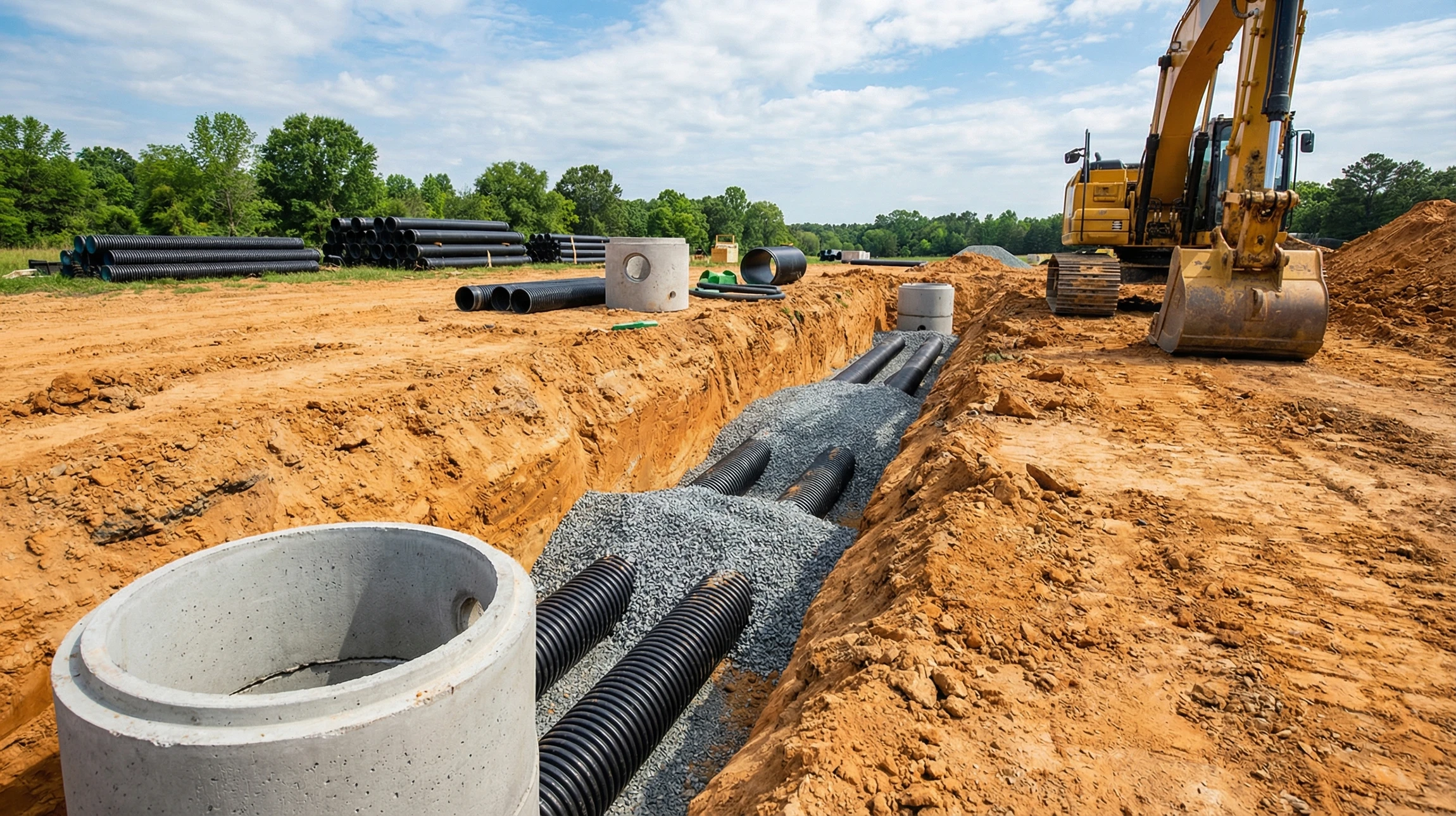 Chantier extérieur en zone rurale avec équipe en action posant une dalle béton pour cours de ferme ou zone agricole. Au premier plan, ouvriers spécialisés effectuant le coulage et le lissage du béton sur une surface préparée. En arrière-plan, bâtiment agricole ou exploitations existantes. Conditions d'éclairage naturelle, photo de haute qualité professionnelle montrant le savoir-faire technique de SIP en dallage agricole.