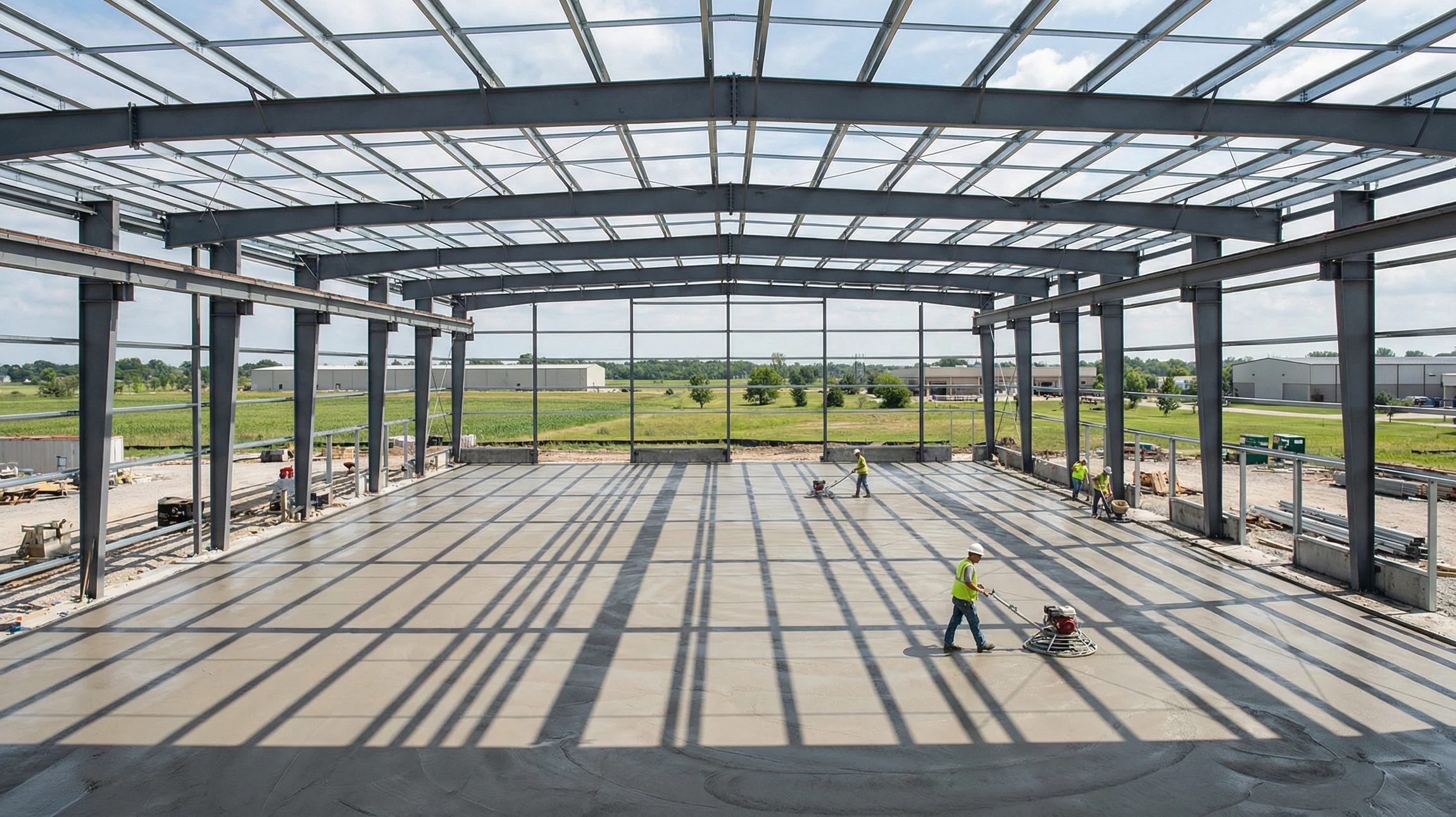Photographie professionnelle d'un chantier de dallage industriel en cours : vue d'un vaste sol en béton frais dans une phase de finition, avec des ouvriers spécialisés travaillant au lissage ou au débattage, équipés de leurs outils professionnels. Le chantier montre un bâtiment industriel ou une zone d'activité en arrière-plan, ciel dégagé ou légèrement nuageux, rendant visible la qualité et l'ampleur du travail de réalisation du dallage.