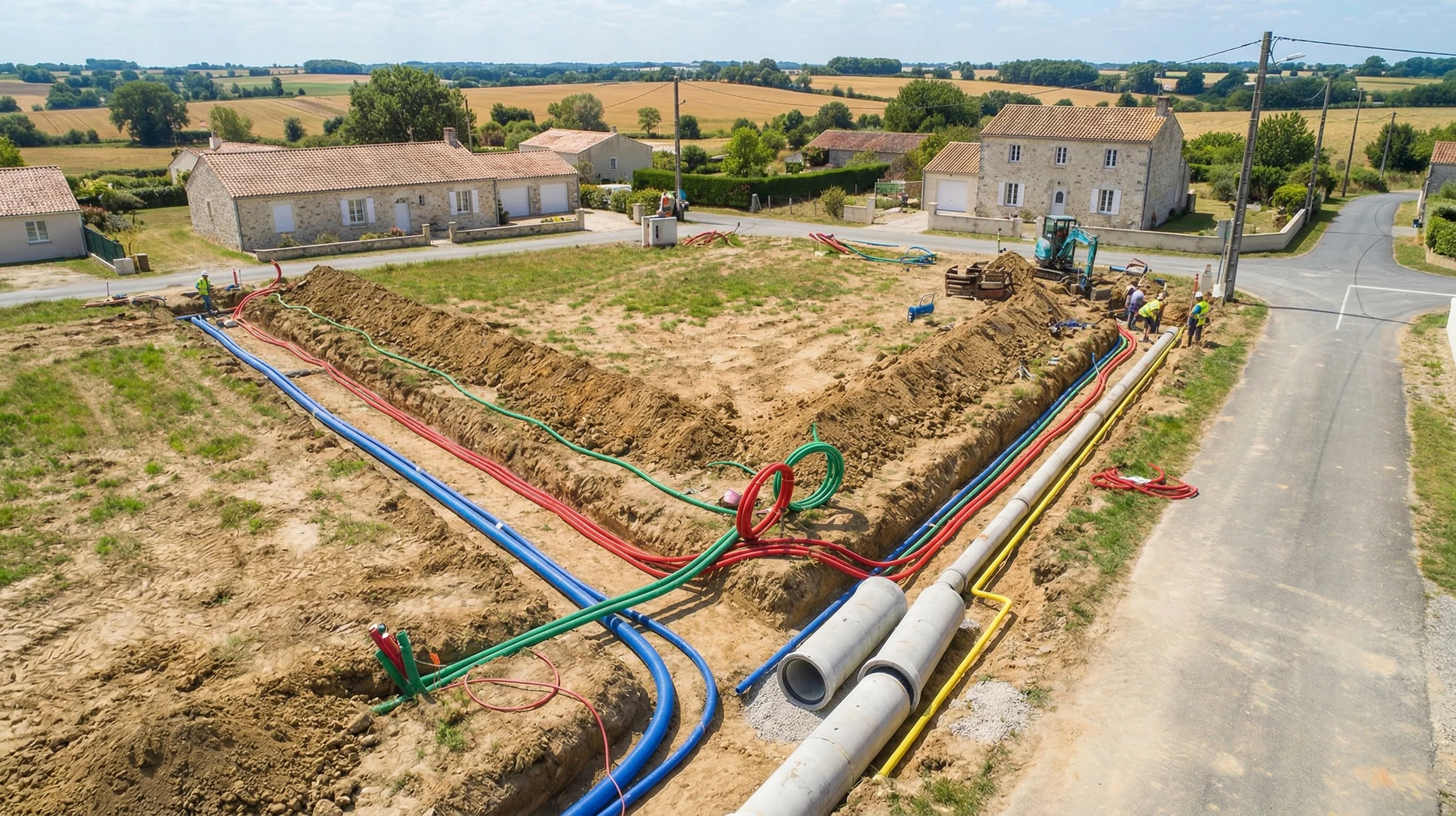 Vue aérienne ou au niveau du sol d'un chantier de dallage industriel montrant des ouvriers finissant une surface béton fraîchement coulée sur une parcelle préparée. On doit voir des machines de lissage professionnel en action, du béton en cours de finition, et un terrain transformé d'un état brut à un état de surface régulière et compactée, illustrant le passage "de la parcelle brute au terrain prêt à construire" avec des dalles béton de qualité professionnelle.