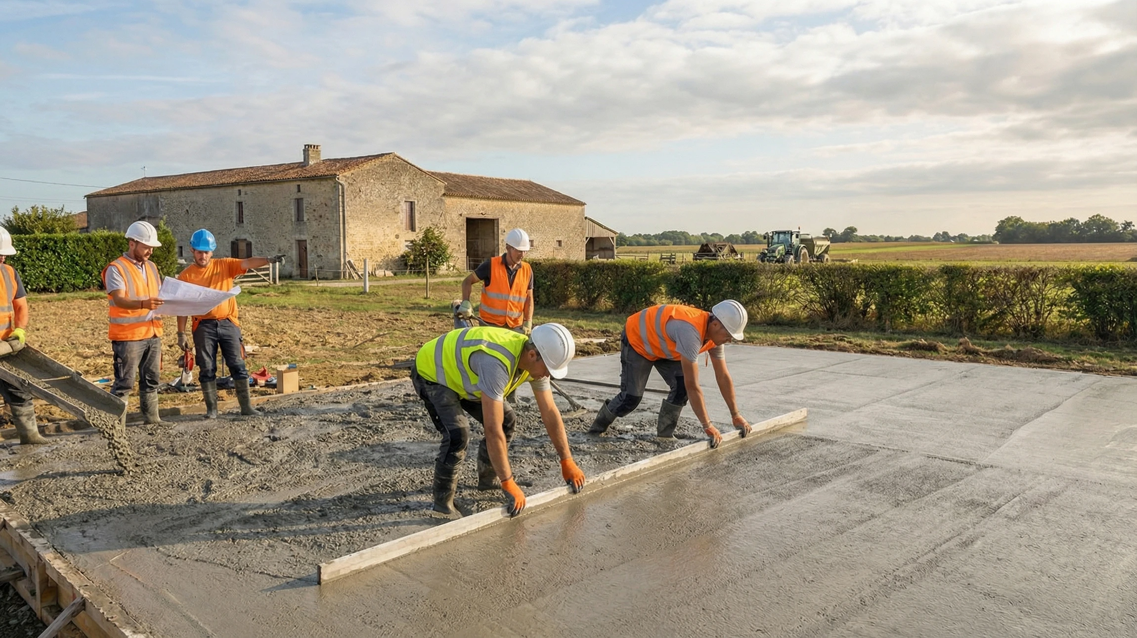 Chantier de construction extérieur avec coulage de béton en cours