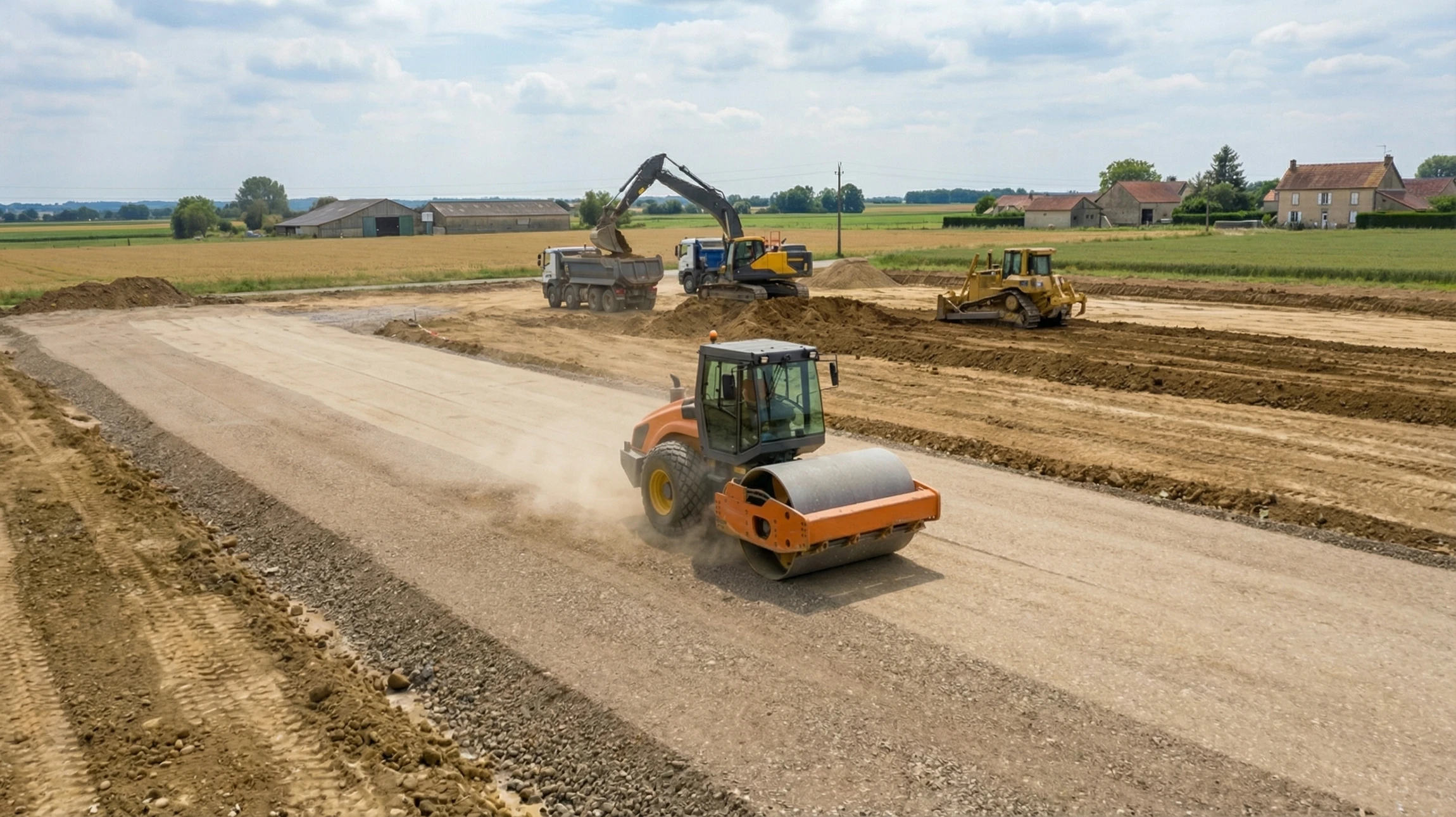 Chantier de construction extérieur avec pelleteuse hydraulique sur chenilles en activité